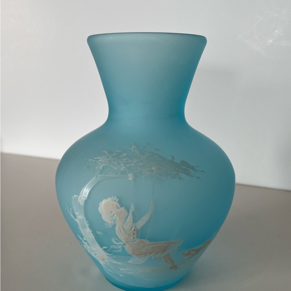Westmoreland Blue Satin Glass Hand Painted Vase
